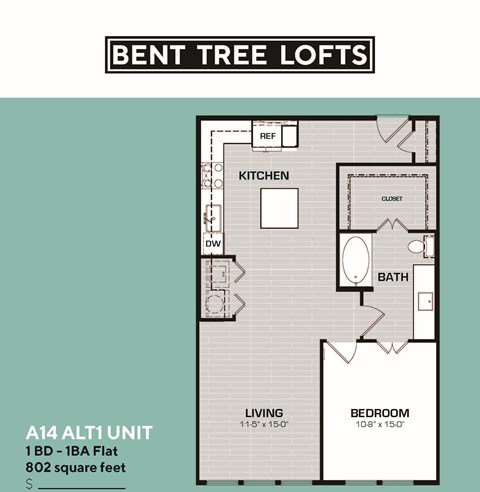 Floor plan for 1 bed, 1 bath, 802 sqft